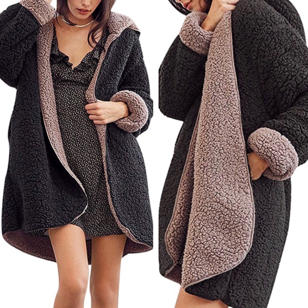 NEW Fuzzy Faux Fur Reversible Cardigan Coat - Picture 5 of 6